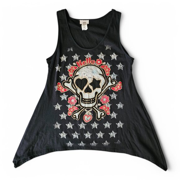 Edgy Skull & Crossbones Tank Top - Graphic Design with Floral Accents - Medium - Picture 3 of 3